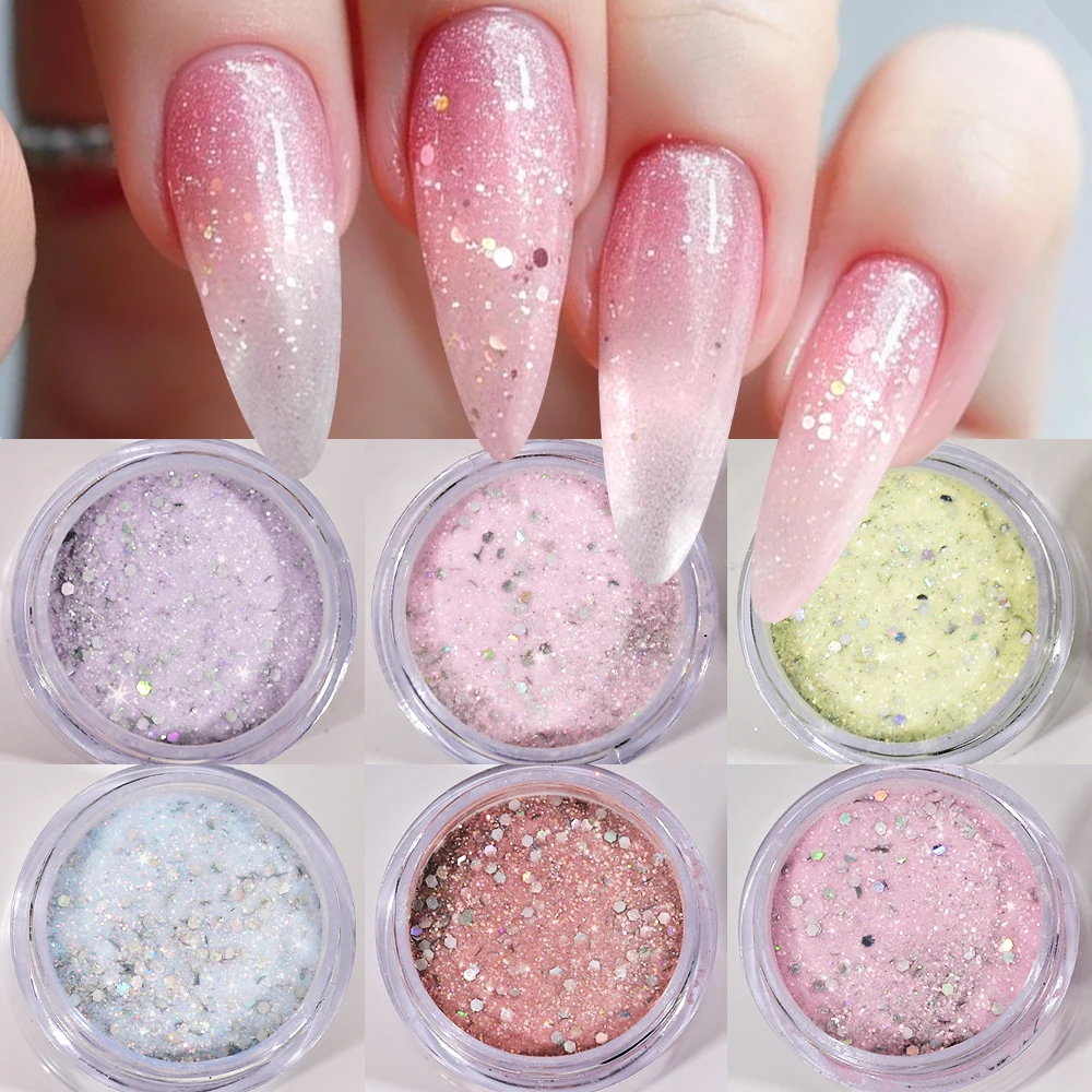 6Pcs/Set Nail Pigment Set for Extension/Carving/Dipping Nude Acrylic Powder with Large Sequins 3D Acrylic Nail Art EMA Powder *(