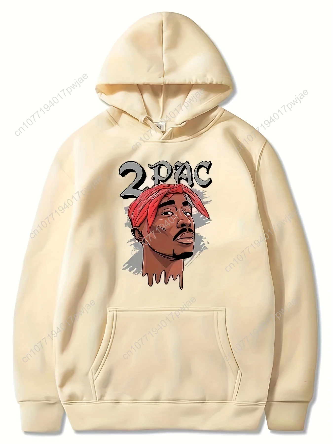 هوديي برسومات 2PAC - طباعة "2PAC" مع تصميم حبر نازف، سويت شيرت رجالي بأكمام طويلة باللون الرمادي الفاتح، ملابس شارع كاجوال مع Kan