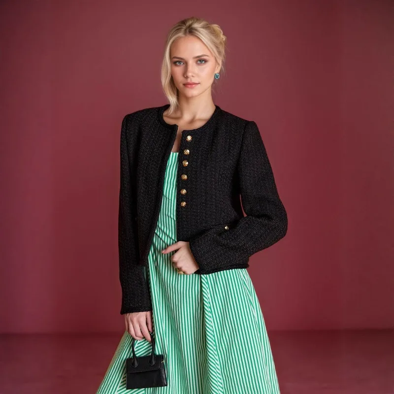 

Черный твидовый пиджак с круглым вырезом, однобортный, однотонный, тонкий, с длинными рукавами, женская куртка, элегантное стильное новое короткое пальто, роскошное шикарное весеннее пальто