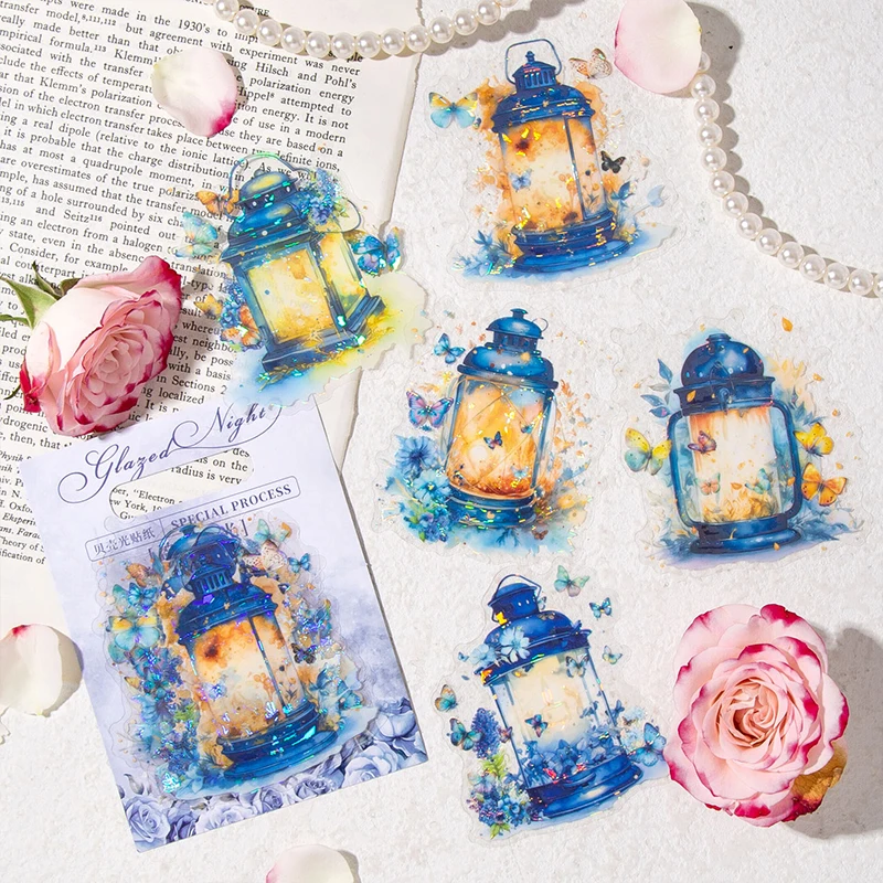 

10pcs/pack Flash laser Stickers aesthetic Lamp theme Decorative Stick Label Diary Album Stationery Sticker Junk Journal Supplies