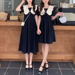 French Style Vintage Shorts Long Dress Summer New Doll Collar Ruffles Female Clothing Short Sleeve Elegant A-Line Waist Dresses