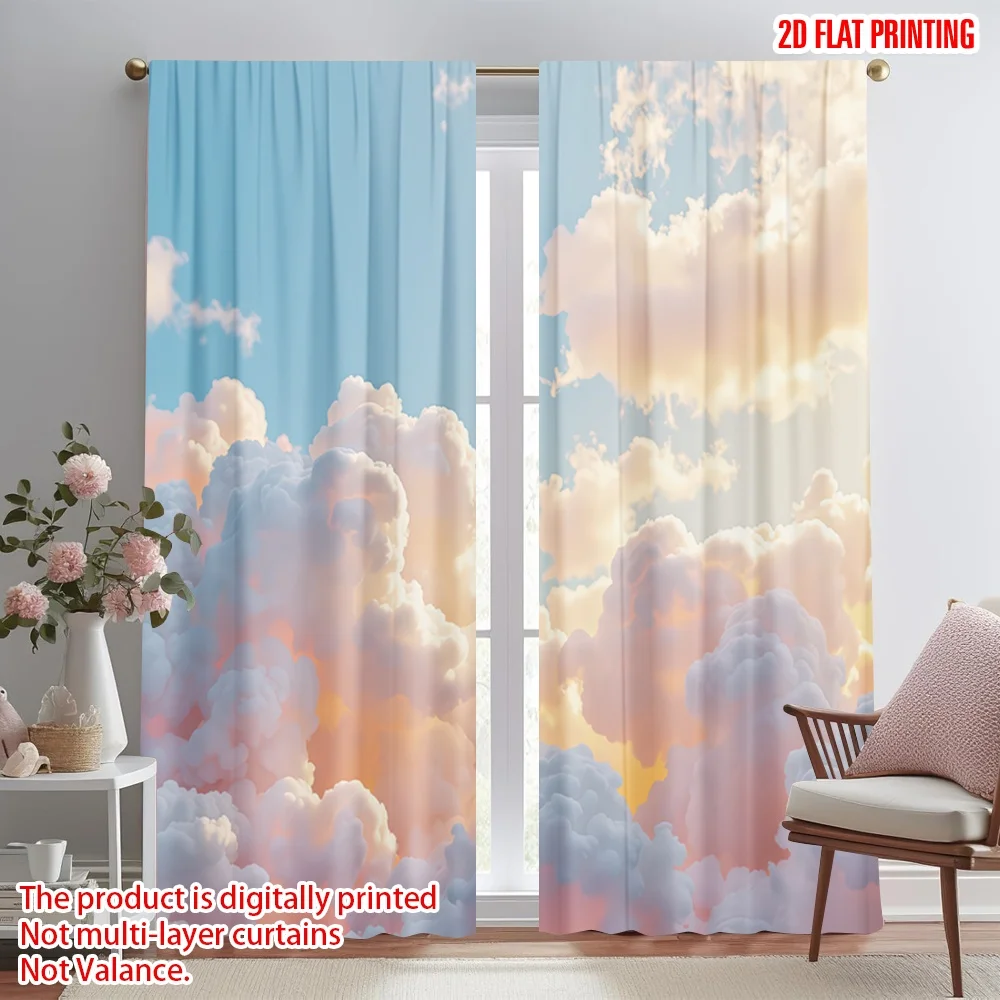 

2D flat printing 2pcs Curtain Fluffy Sunset Clouds Digital Printed Polyester Drapes Festive Curtains Use for living room decor