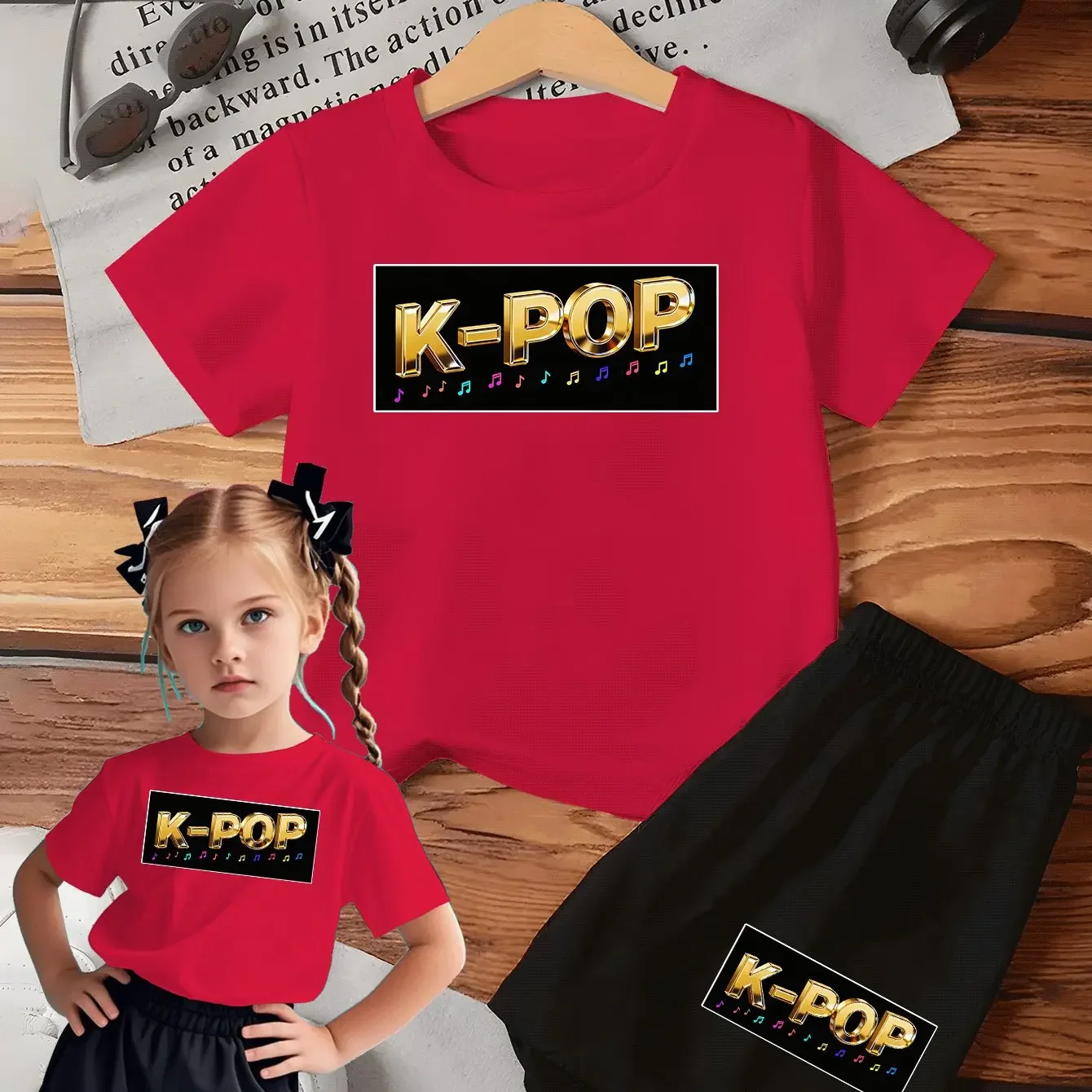 

2pcs Girls' K-Pop Themed Matching Outfit Set - Korean Pop Culture T-Shirt & Shorts with Iconic Logo Print, Lightweight Summer