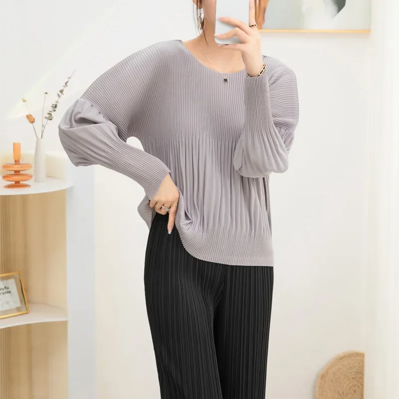 

Pleats Pleated Round Neck T-shirt Women 2024 Spring and Summer New Loose Big Yards Bat Sleeve Paragraph Pullover Casual Tops