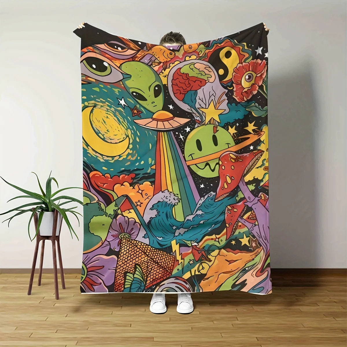 Whimsical UFO & Space-Themed Flannel Blanket - Vibrant Digital Print, Soft & Cozy Throw for Office, School Nap, Outdoor Activiti