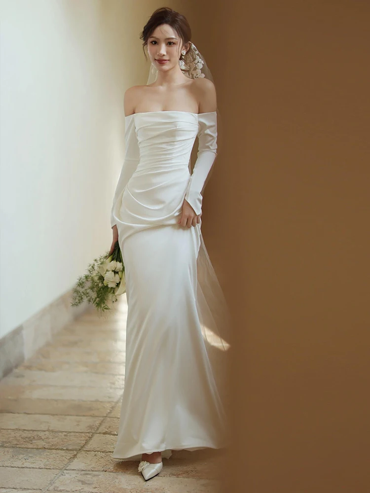 

Ele Satin Wedding Dr Long Sve Bridal Gown Fi Tail White Outfit for Hotel Indoor Wedding Ceremony