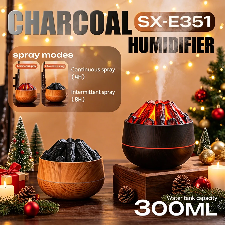 2026 New 300ML Artificial Charcoal Fire Air Humidifier, Cool Mist Sprayer, Perfect for Christmas Gift, Christmas Decor
