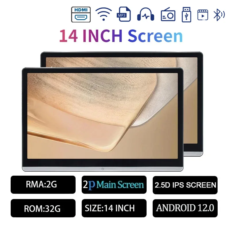 13.3/14 "Auto Hoofdsteun Monitor Display IPS Android 12 2G + 32G/4G + 64G/8G + 128G Touchscreen Voor Auto Achterbank Speler Dual HDMI Muziek