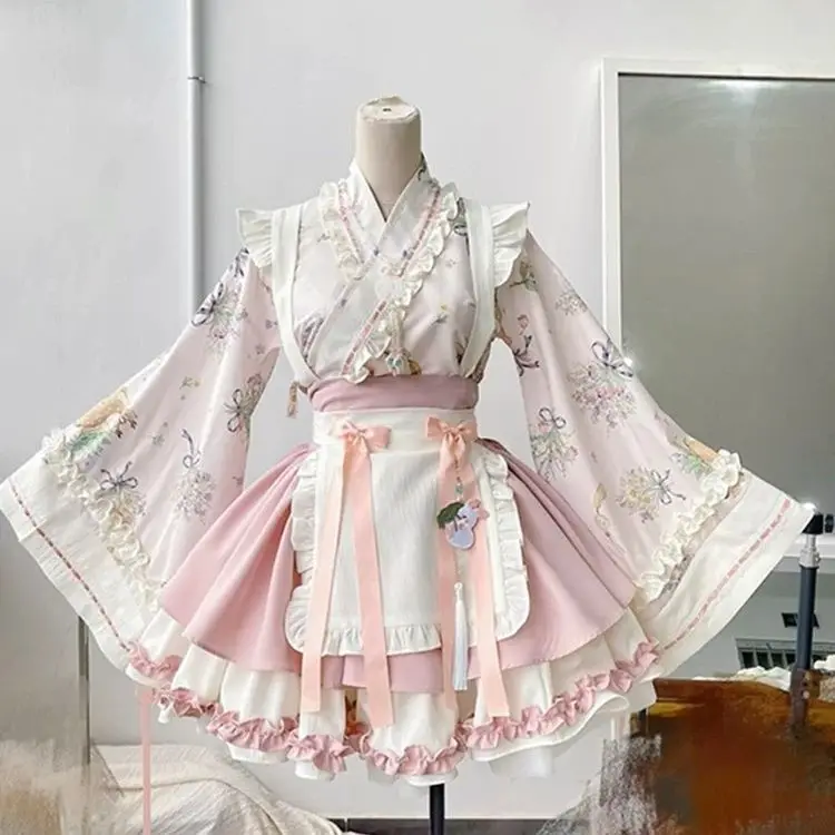 Japan Improved Chinese Style Pink Green Cross Collar Large Sleeved Lolita Dress Maid Outfit Female Autumn Cospaly Costumes