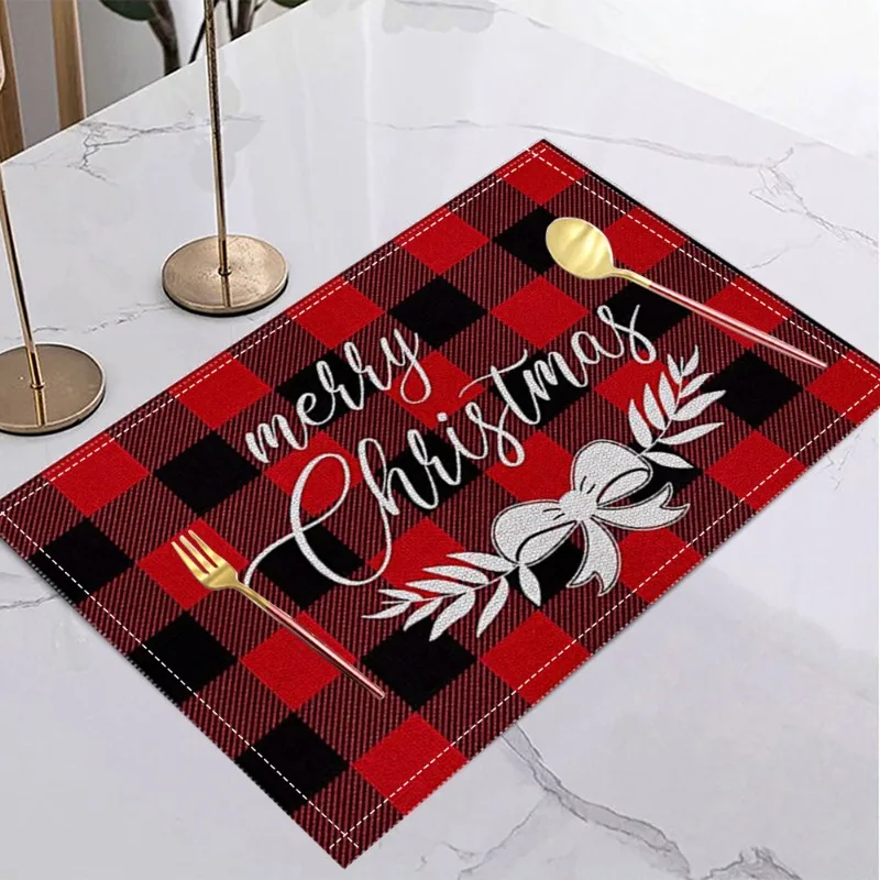 Christmas Linen Placemat Table Coffee Mat Red Black Plaid Snowflake Bell Pine Branch Decorative Dining Holiday Xmas Decor