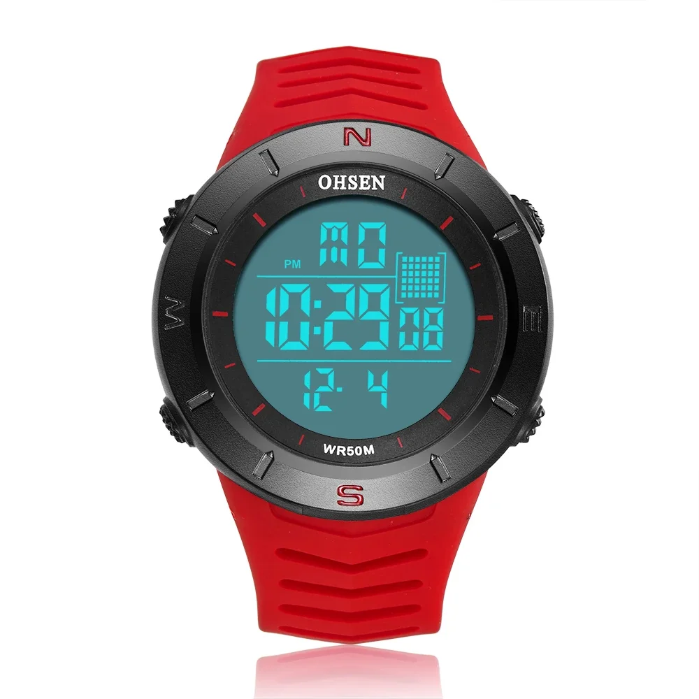 

OHSEN Men Watches Electronic Led Outdoor Military Wateroof Wristwatch Red Silicone 5ATM Dive Stopwatch Clocks Digital Watch