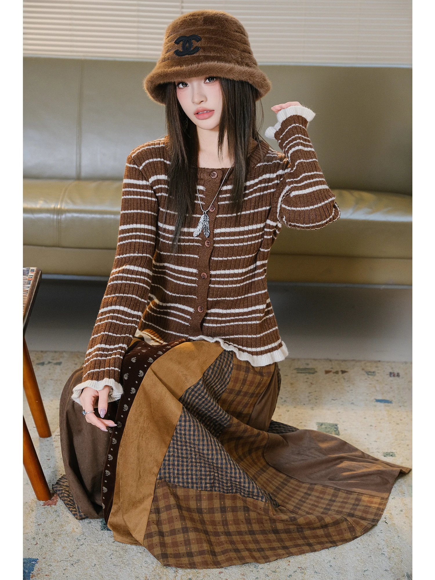 

MIUCO Artistic Mid-Length Asymmetrical Patchwork Skirt Color Blo A-Line Midi Skirt Large Hemline High Waist Women's Skirt