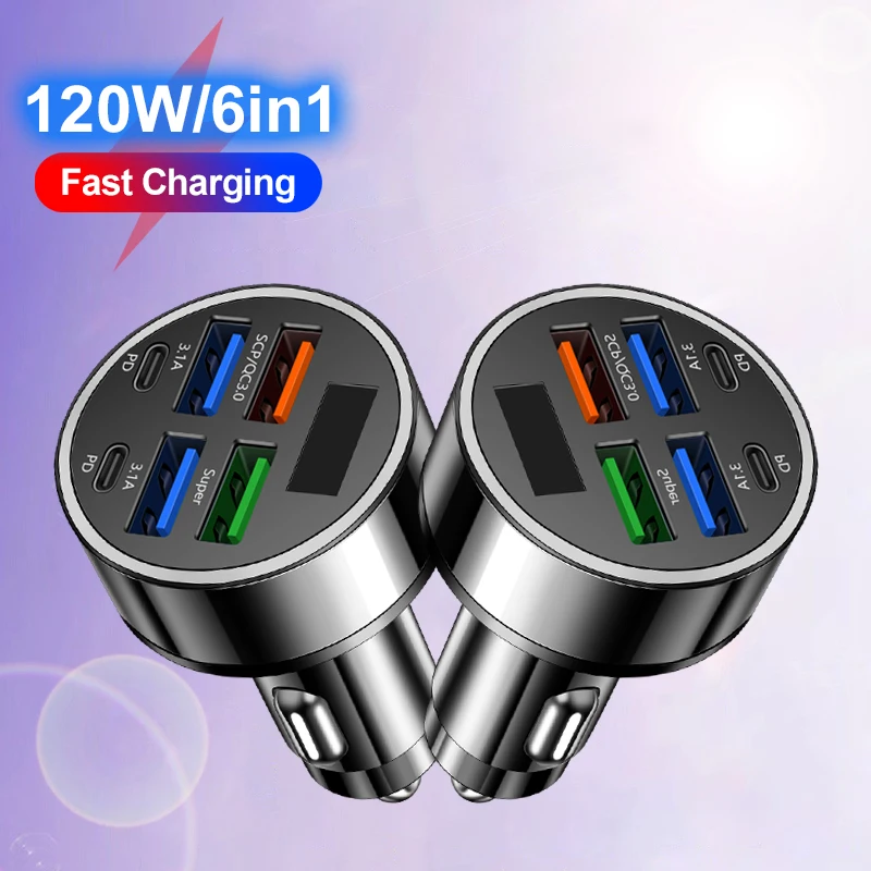 120W USB Car Charger Type C 6 in 1 Dual PD Super Fast Charge Adapter with Voltage Display for iPhone Samsung Huawei OPPO