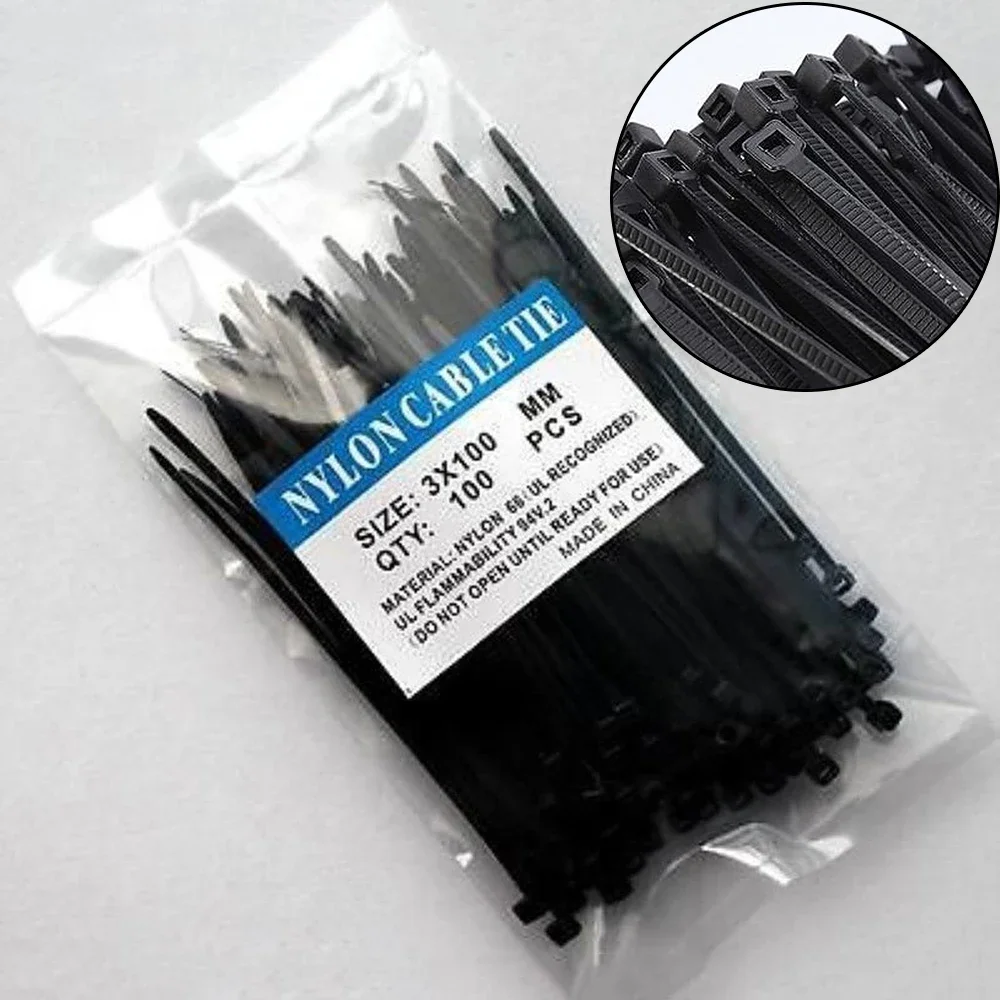 Black Nylon Cable Ties 100pcs 3*200mm Appliance Connection lines Corrosion resistance Cycling Home Motors Supplies