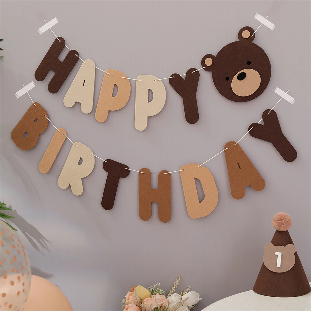 1 Set Of Brown Bear Birthday Banner Party Decoration Supplies Non-woven Holiday Letter Banner Baby Shower Party Banner For Boys