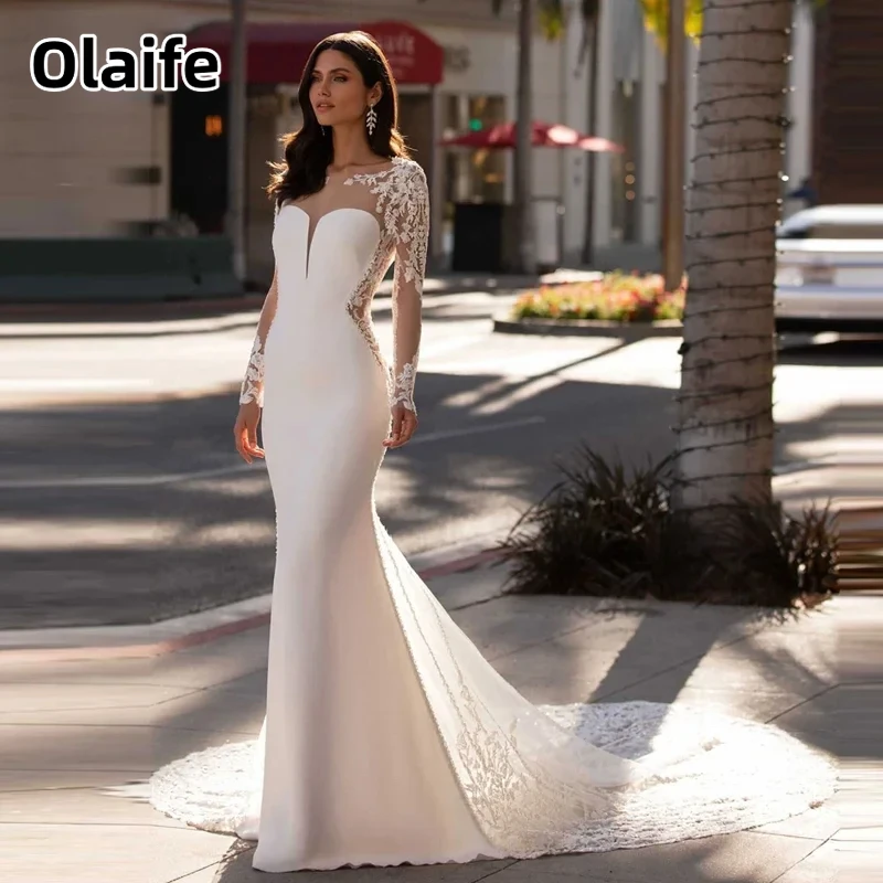 

Olaife Elegant Wedding Dress Mermaid Sexy Bridal Gown Appliqué Beaded Lace Long Sleeves Sweep Train Vestido De Novia