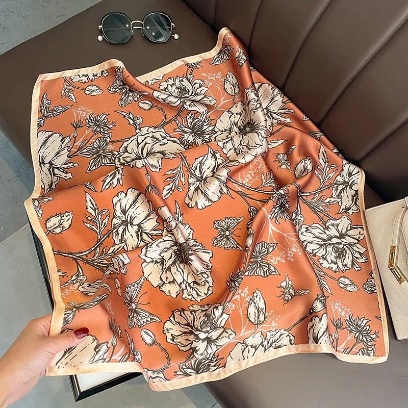 

100% Real Silk Scarf for Women Design Silk Hair Ribbon Luxury Brand Orange Floral Square Scarf Neckerchief Winter Accessories