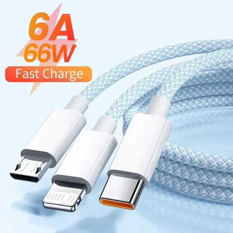 6A 3 In 1 USB Type C Cable 66W Super Fast Charging Cables for Huawei Xiaomi Samsung OPPO Lightning Data Cord for iPhone 1.2/2/3