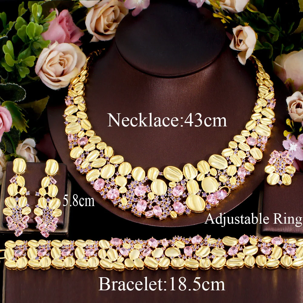 CWWZircons 4pcs African Cubic Zirconia Large Necklace Women Wedding Party Dubai Gold Plated Luxury Jewelry Sets for Brides T643