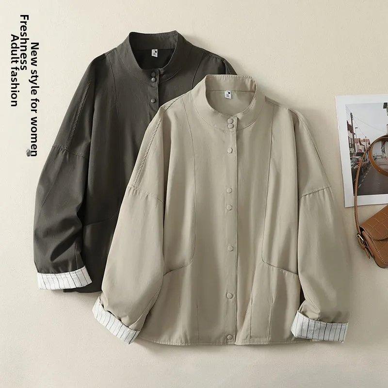 Ladies Fashion Outerwear Casual Loose Jacket with   Color Cotton Blend Spring Autumn New Style Women's Coat