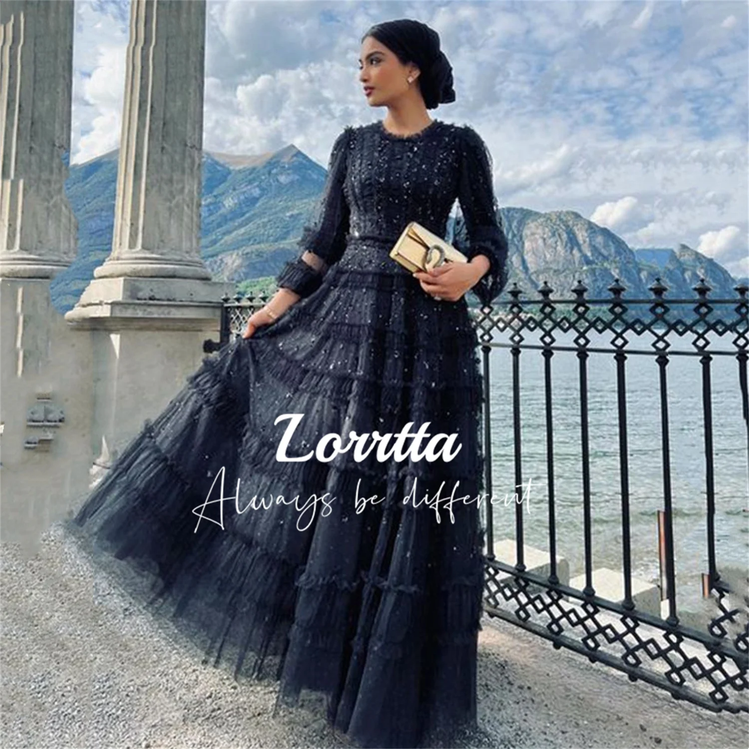 Lorrtta Elegant Black Ball Gown Ruffled Tulle Beaded 3/4 Sleeve Formal Evening Gown Party Dress Evening Robe Dresses Customized