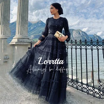 Lorrtta elegante vestido de baile preto babados tule frisado 3/4 manga formal vestido de noite vestido de festa vestidos de noite robe personalizado