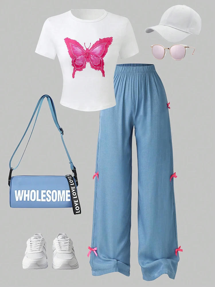 Image of Zweiteiliges Set für Damen und Kinder im Frühling und Sommer mit Schmetterlingsdruck, kurzärmelig und dreidimensionaler Schleife und weitem Bein