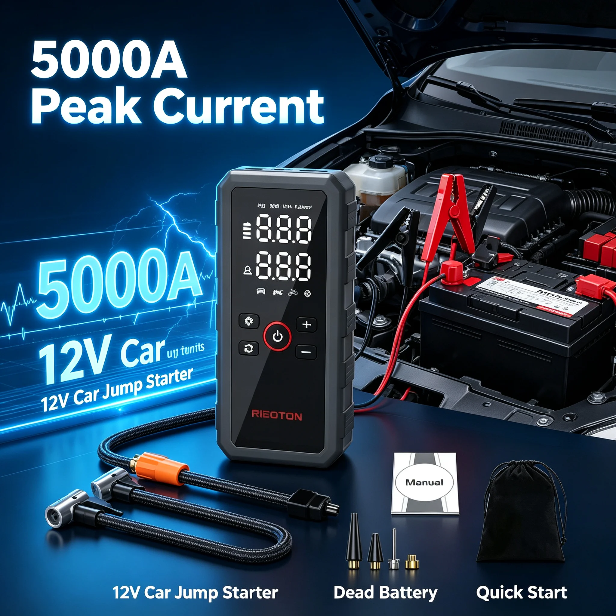 12V Car Jump Starter 5000A Portable Power Bank 150PSI Air Pump Tire Inflator Auto Battery Booster LED Lighting