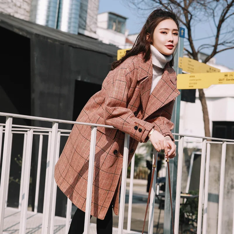 

Women Outerwear Plaid Pocket Loose Long Sleeve Wool Coat 2022 Winter Warmth Cotton Long Casual Overcoat Autum Ladies Coat Women