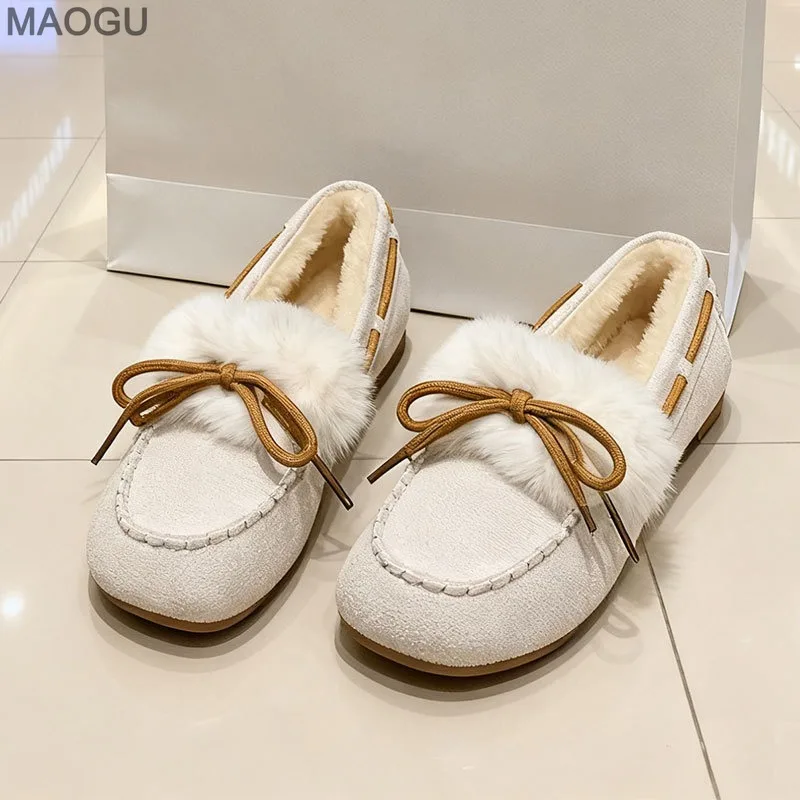 Plush Low Heel Moccasins Women's Furry Shoes Autumn Winter New Slip on Suede Cotton Shoes for Women Footwear Comfortable