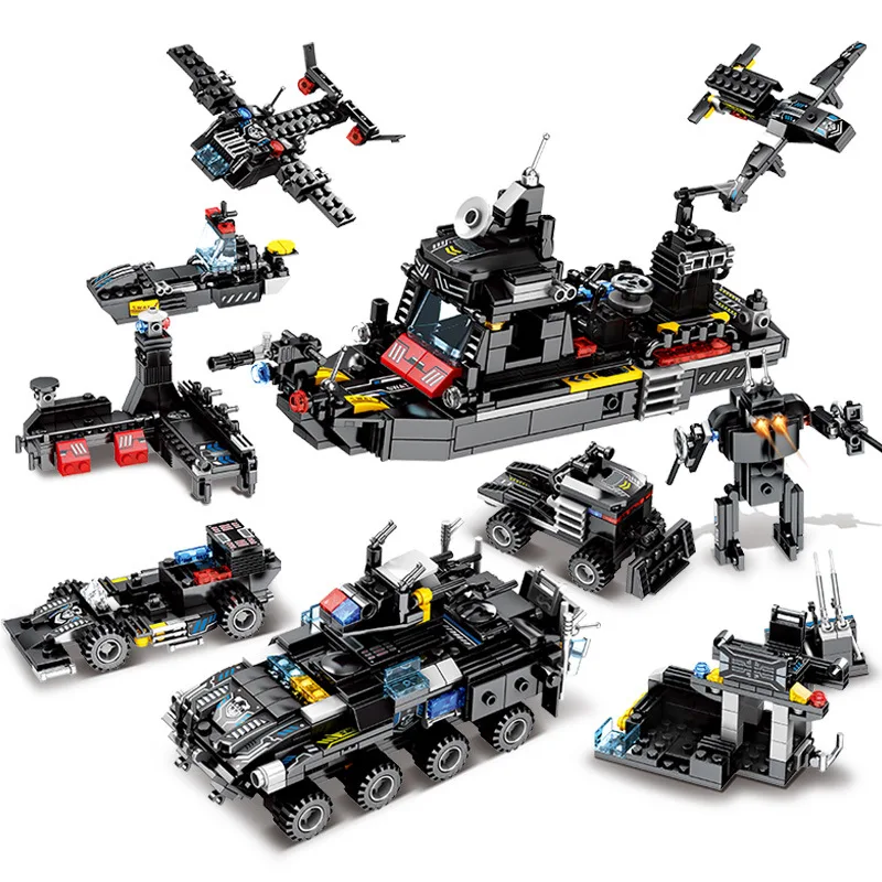 8Pcs/lot 695Pcs City SWAT Truck House Ship Building Blocks Sets Police Command Vehicle Car Bricks Educational Toys for Children