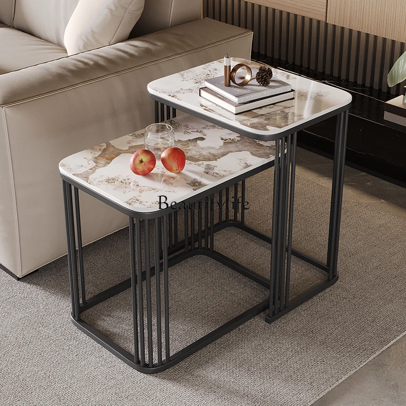 

03.Light luxury rock slab sofa side cabinet small few living room modern simple telescopic cabinet square side table