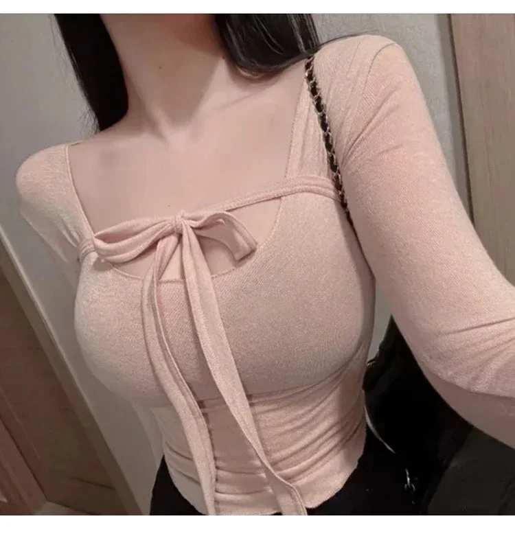 Koreanischer Stil U-Ausschnitt Band Slim Fit Transparentes Langarm Damen T-Shirt 2026 Herbst Figurbetontes T-Shirt Einzigartiges Design Crop Top – Detail 12