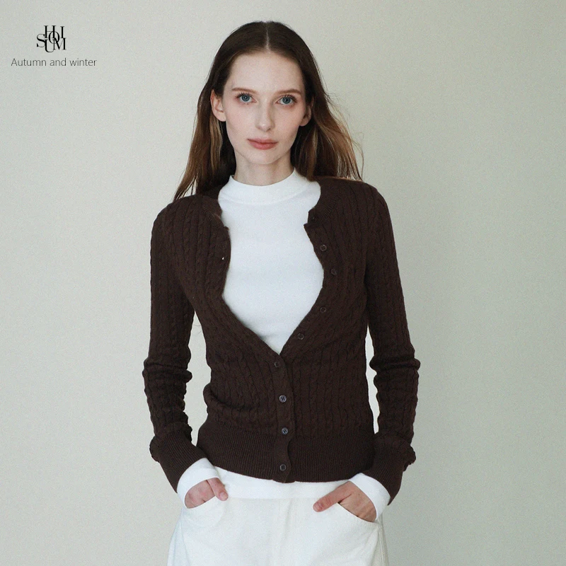 

Slim Fit American Sle Hot Girl Knitted Long Sve round Ne Coffee Color Sweater Cardigan Soft Cozy Women's Faion Winte...