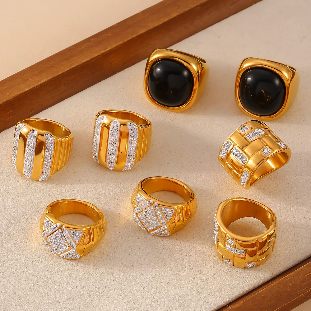 Cool Black Agate Zircon Stainless Steel Rings For Women Trendy Luxury Index Finger Geometric Ring Jewelry Wedding Gift