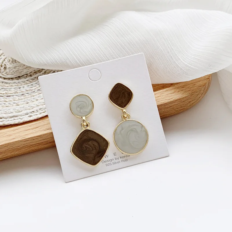 Fashion Asymmetric Geometric Round Rhombus Drop Earrings for Women Enamel Oil Contrasting Colors Dangle Earrings Retro Jewelry