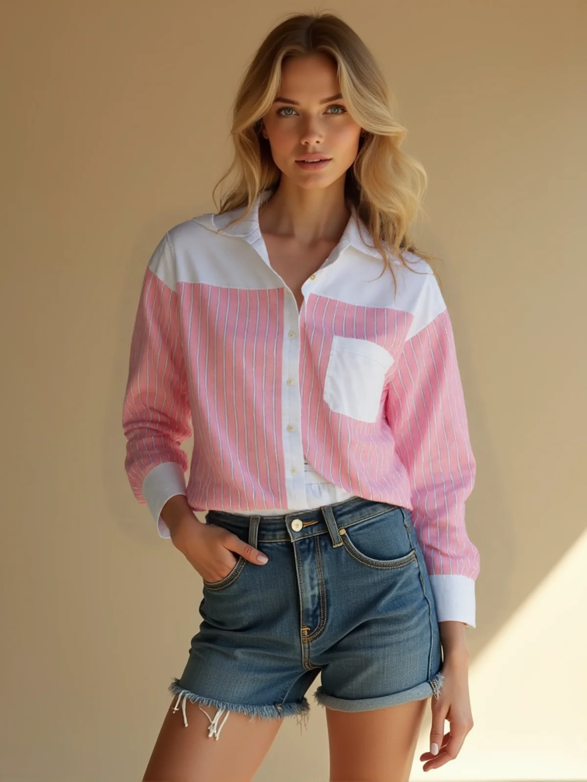 

Women’s Casual Long Sleeve Hooded Shirt Pink Striped Button Down Blouse Contrast White Collar Pocket Stylish Office Workwear Top