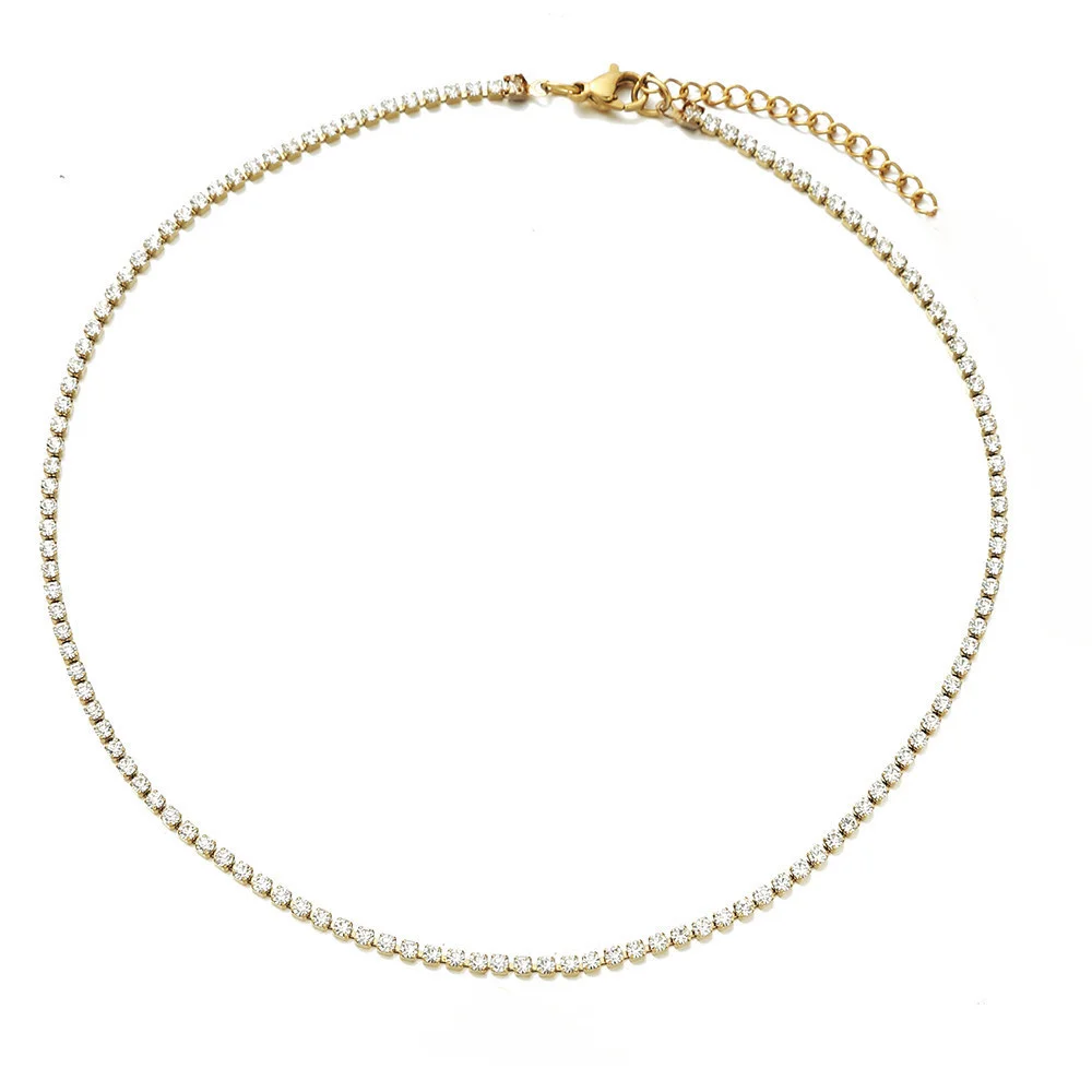 2mm Tennis Kette Link Choker Halskette Weibliche Gold Farbe Edelstahl Iced Out Halskette für Frauen Fashion Party Schmuck geschenk