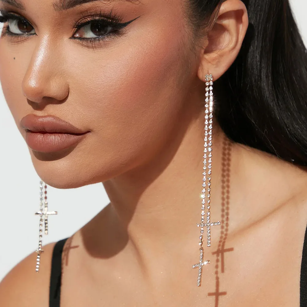 

Блестящая цепочка с кисточками и стразами, двойной крест, кулон, длинные висячие серьги, рождественский подарок для женщин, очаровательные серьги с кристаллами