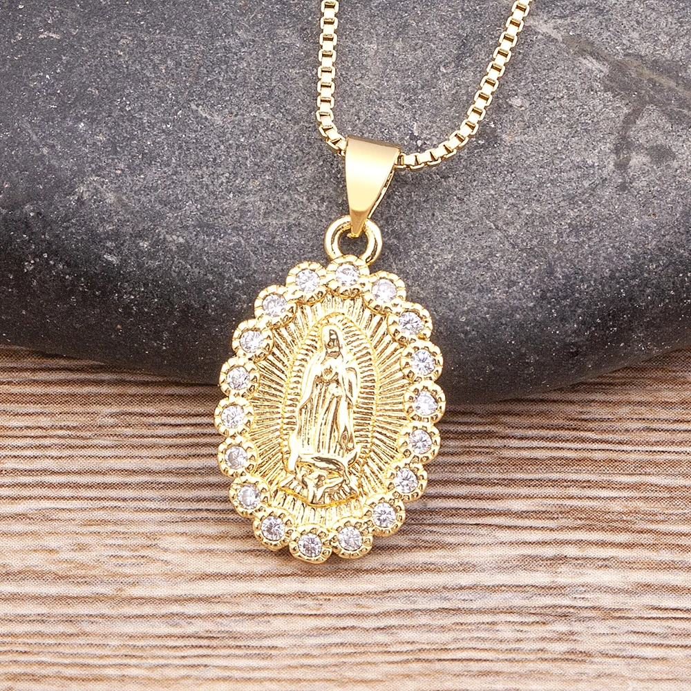 AIBEF Holy Virgin Mary Cubic Zircon Pendant Necklace Copper Chain Gold Color Women Christian Religion Jewelry Gifts