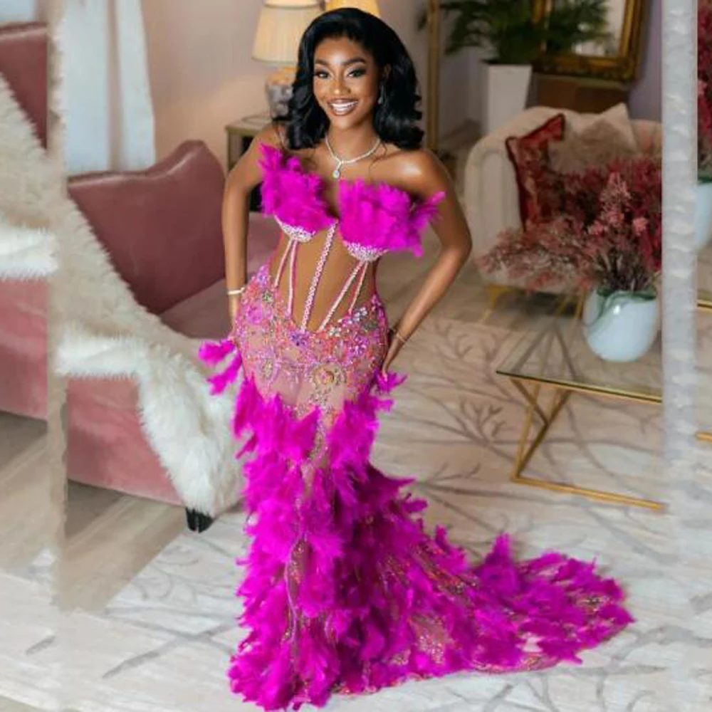 

See Through Fuchsia Feathers Prom Dresses With Beads Appliques Long Mermaid Evening Dress Aso EBi Special Occasion Party Gowns