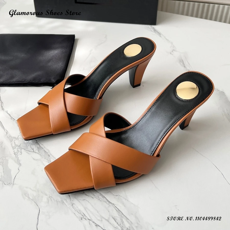 

Женские мюли Crispcross из натуральной кожи с квадратным открытым носком, на шпильке, летние, элегантные, без застежки, для вечеринок и офиса