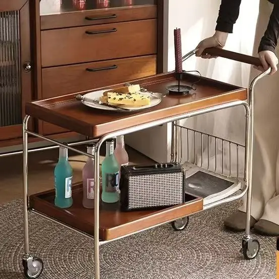 Vintage Solid Wood Tea Trolley with Japanese Inspired Design Antique Movable Coffee Table on Wheels for Living Room Traditional