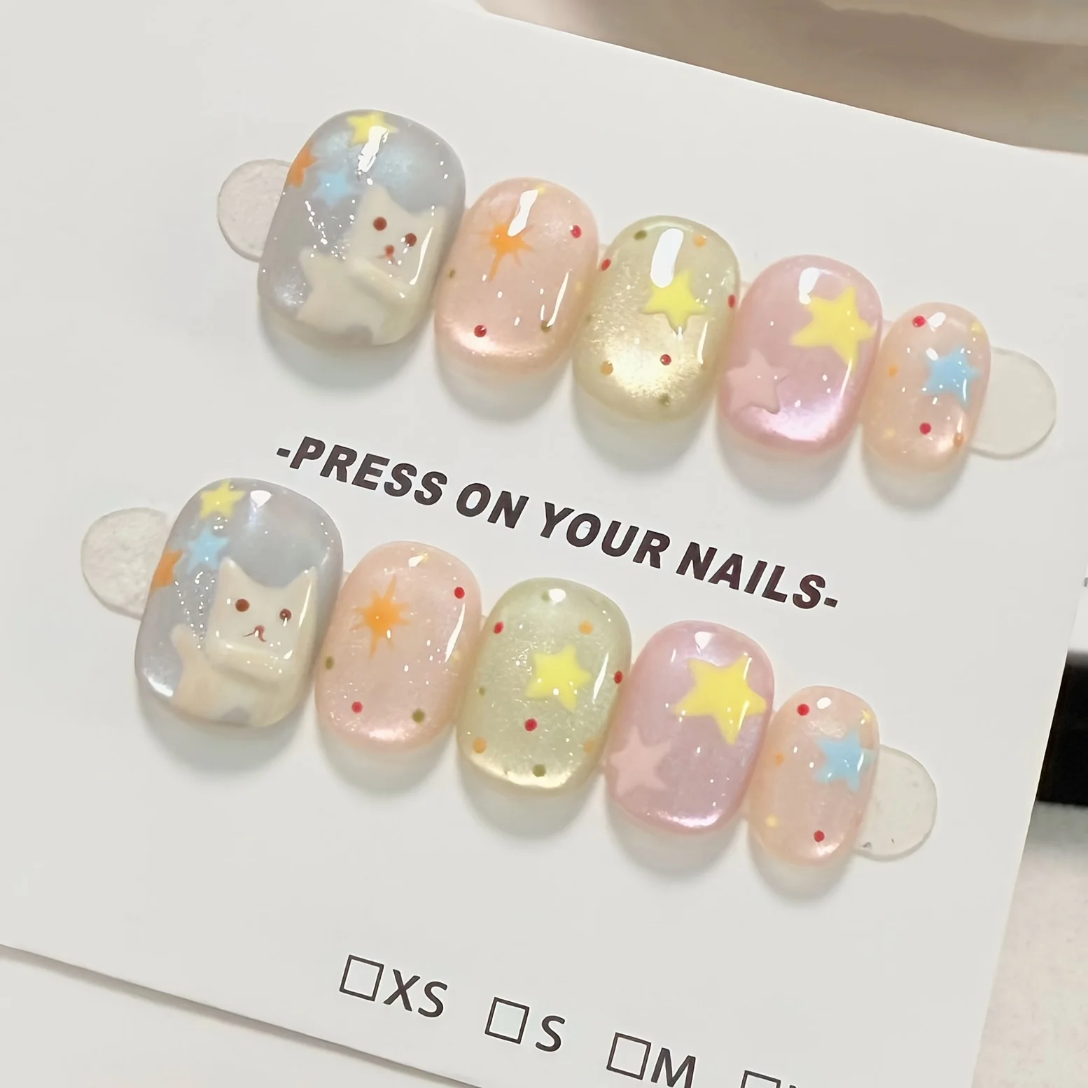 

10Pcs Handmade Press on Nails Kitten Glass Beads Cat's Eye False Nail for Women&Girls Star Polka Detachable Wearable Fake Nail