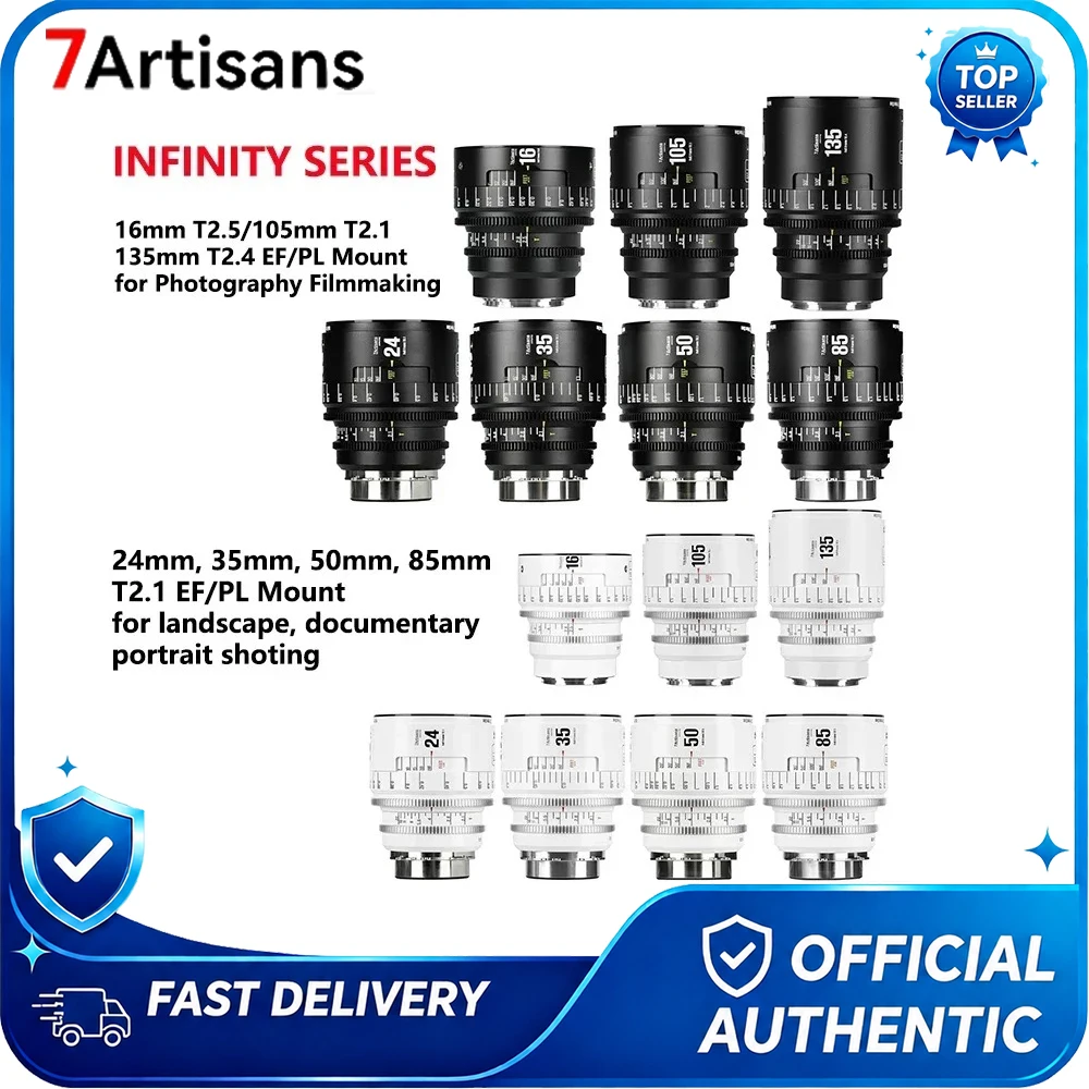 7artisans Cine Lens Infinity Series 16/24/35/50/85/105/135mm T2.1-T2.5 Full Frame Cinema Lens for Canon EF/ PL Mount Camera
