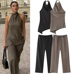 HXAO Sets For Women 2 Pieces Satin Pant Sets New Matching Sets Autumn Asymmetric Crop Halter Top Lace-Up High Waist Trousers Set