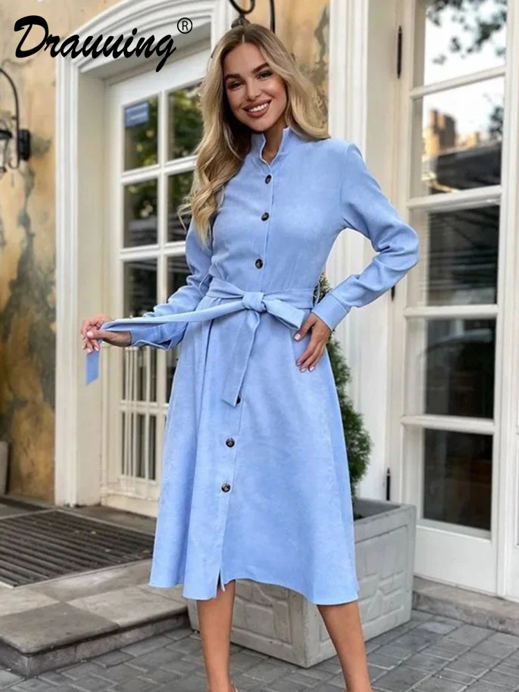 

D​rauuing Long Sleeve Elegant Party Dresses Women Button Knee Length Lady Dresses Women Shirts A Line Dresses Autumn New