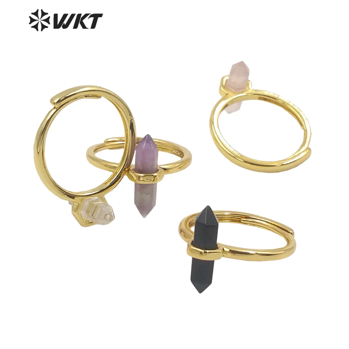 WT-R403 WKT Natural Stone Black Onyx Ring Rose Quartzs Open Ring Crystal Quartz Ring Amethysts Ring Raw Stone Women Jewelry