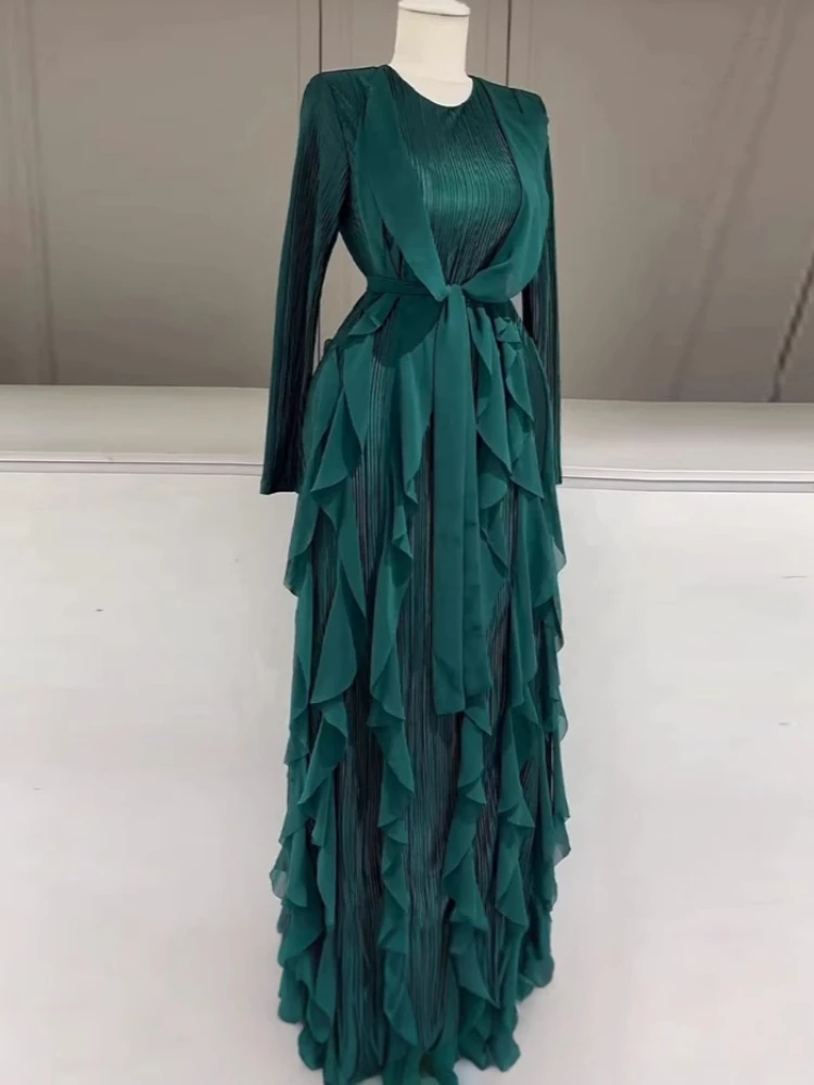 Ruffles Pleated Maxi Dress For Women Round Neck Long Sleeves High Waist Satin Dresses Lace-up Fashion Party New Clothing