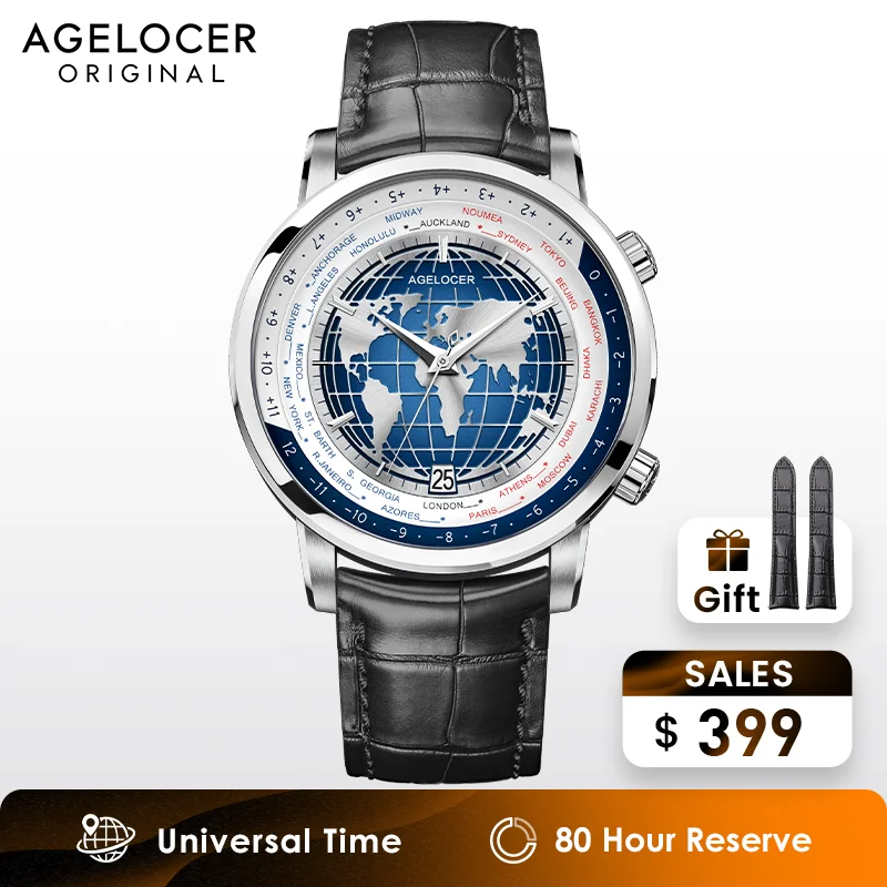 AGELOCER Original World Time Watch Men's Luxury Business Formal Automatic Mechanical Watch Birthday Gift for Men